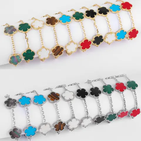 Hot Sale Premium 15mm Natural Stone White Shell Five Leaf Flower Bracelet Gold Silver Lucky bangle For Women Girls Party Daily