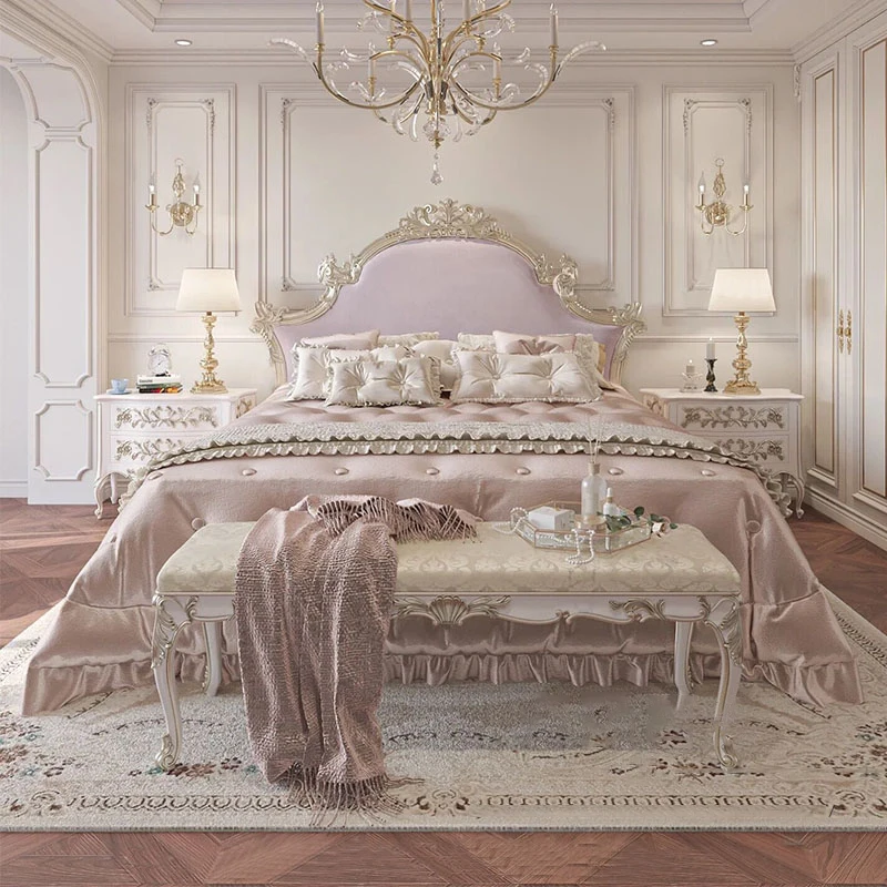 French light luxury solid wood bed Princess bed wedding bed Big bed carved royal European luxury master bedroom double bed