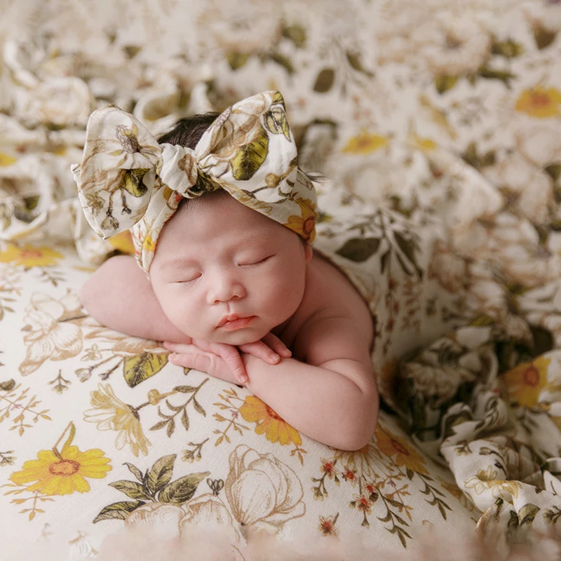 Newborn Shooting Props Print Theme Photo Set Bow Headband Floral Wrap Blanket 0-1 Month Baby Photography Prop Studio Akcesoria