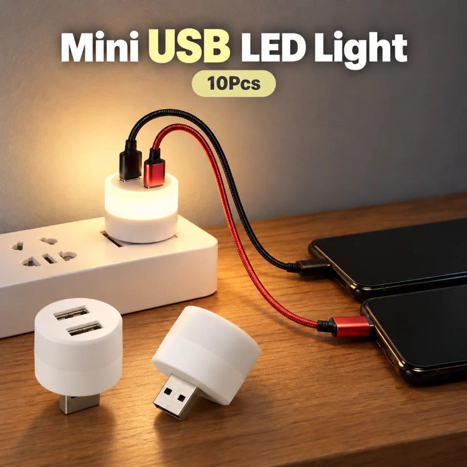 10Pcs USB LED Night Light Dual USB Port Charger Lamp Mini Round Socket Light Warm White Portable USB Plug Lamp for Bedroom Home