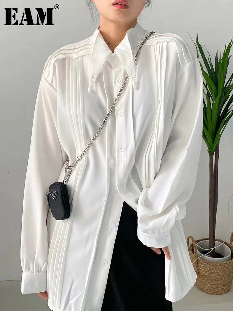 [EAM] Women White Pleated Big Size Elegant Blouse New Lapel Long Sleeve Loose Fit Shirt Fashion Tide Spring Autumn 2024 1DF0359