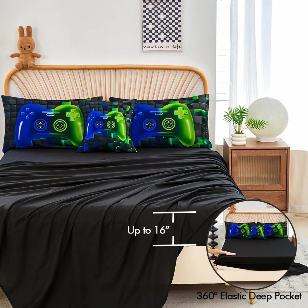 PERFEMET Jogo de 6 peças Cama de tamanho completo em uma bolsa para meninos Azul e Verde Conjunto de cama para videogame com lençóis macios e fofos impressos em 3D