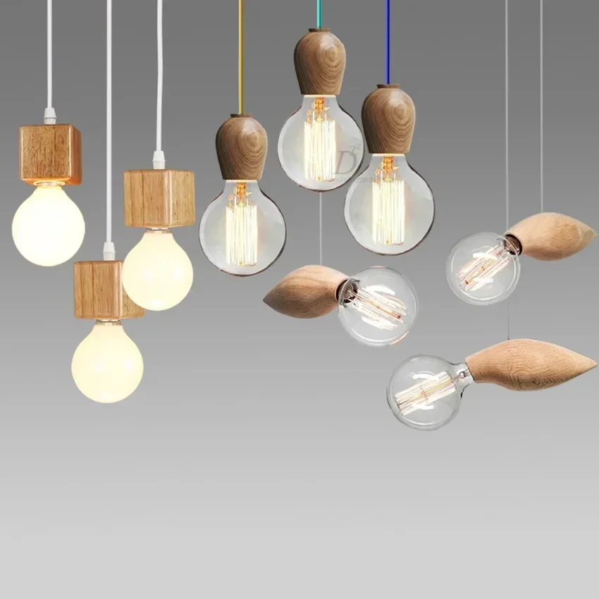 Nordic Retro Pendant Lights Oak Wood Pendant Lamp E27 Vintage Hanging Lamp Loft Living Room Dining Room Lights Restaurant Cafe