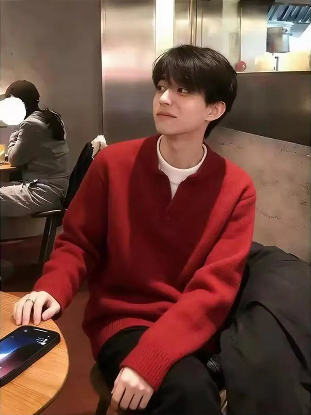 

Red Henry Collar Knitwear Loose Men's Faionable Warm Outerwear Autumn Winter Couple Matching Casual Wear Home Comfortable