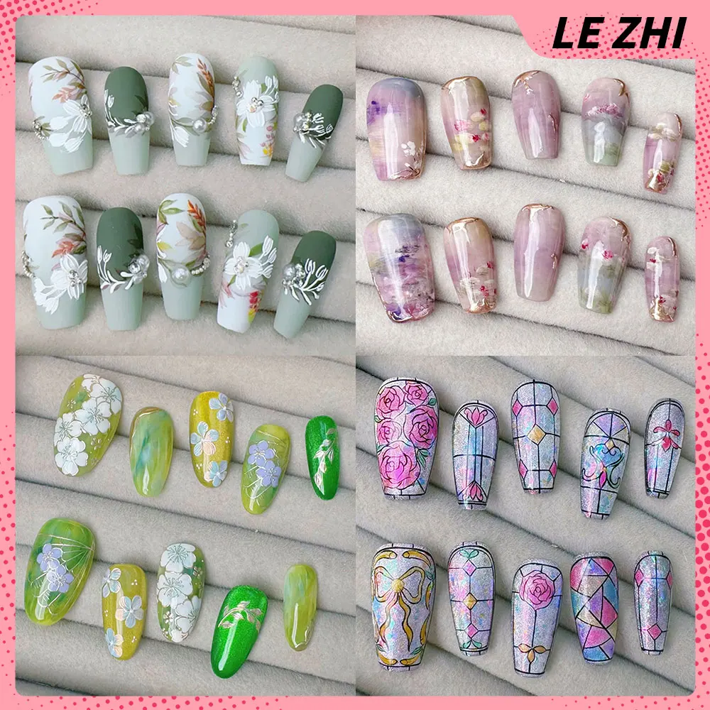 

10Pcs Diy French Almond Ballerina Quadrate Nails Pearl Gold Chain 3D Red Rose Hand-Painted Bow Press On Nails Wholesale