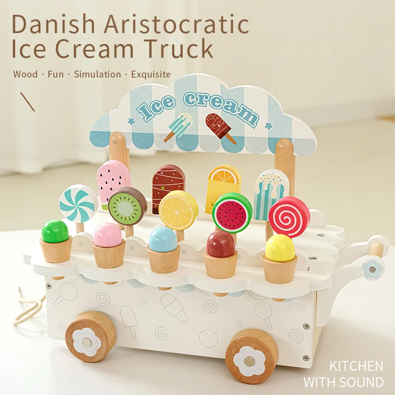 لعبة محاكاة لعربة الآيس كريم، لعبة ألغاز خشبية كلاسيكية، مجموعة بيع الآيس كريم، هدية للأطفال