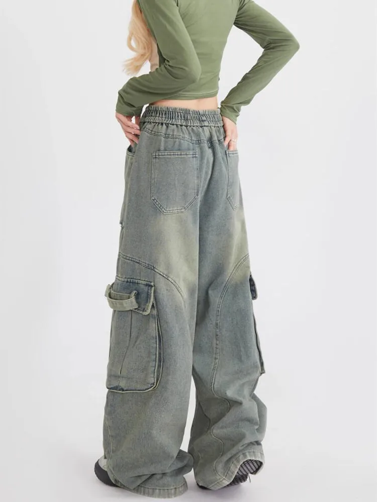 Multi-Pocket Cargo Pants Y2k Retro High Street Fashion High Waist Jeans Couple Harajuku Simple Casual Wide Leg Pants