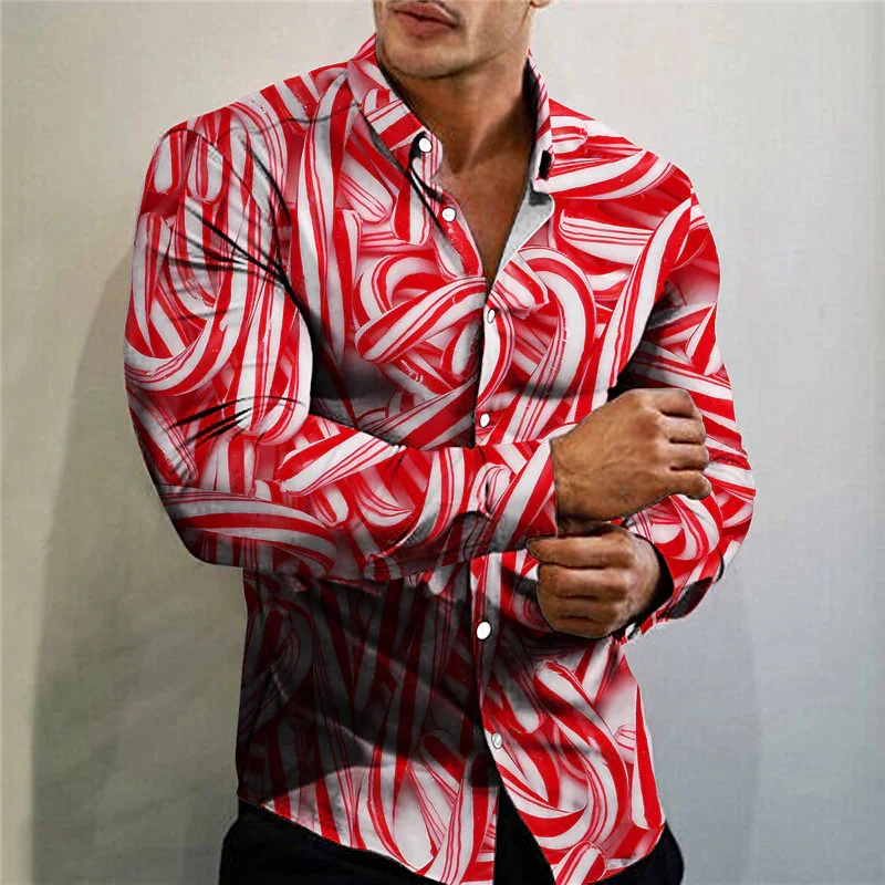 Camisa con estampado de comida para hombre, ropa de manga larga con solapa, color rosa, diseño de calle, informal