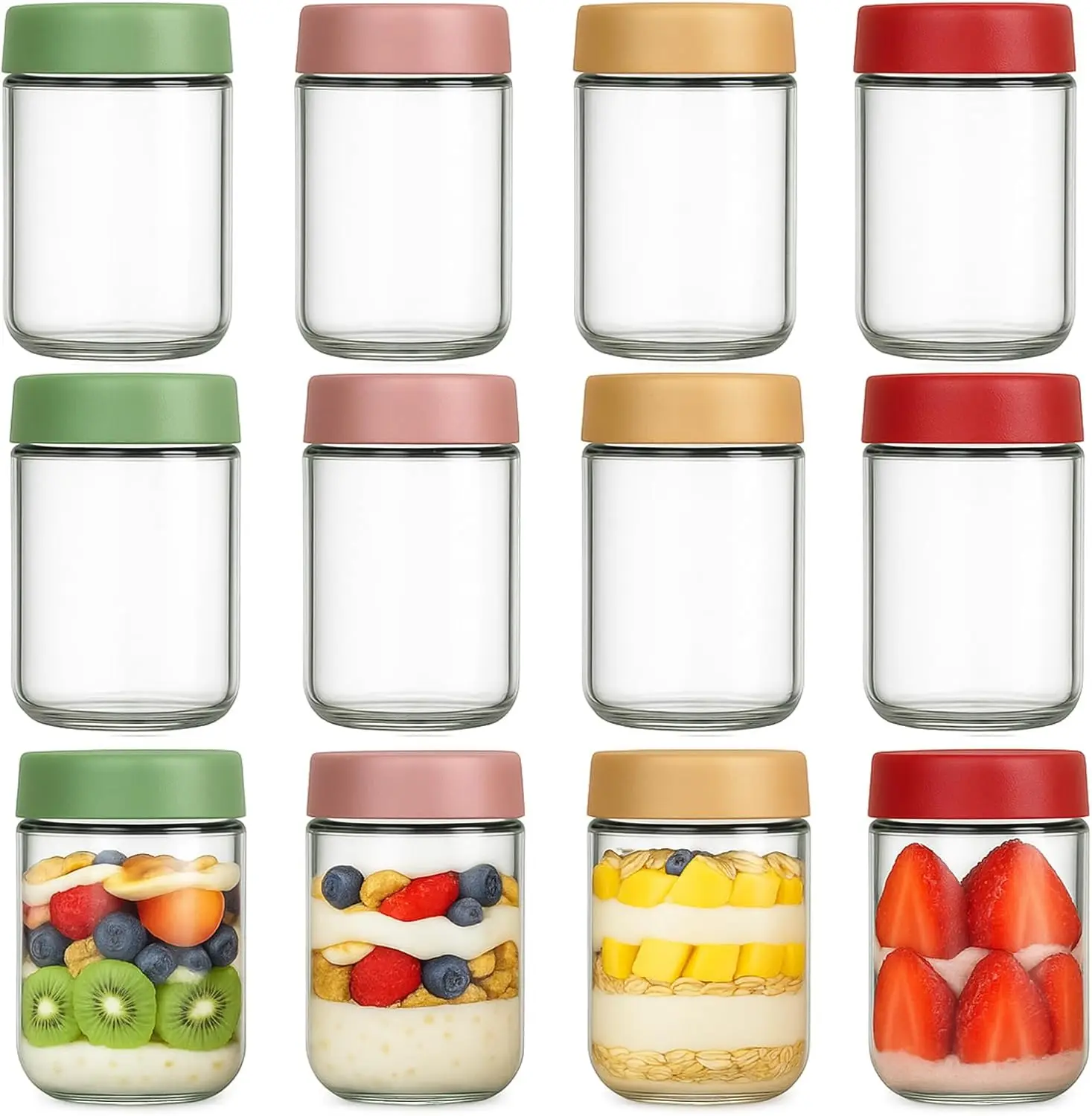 12 Pack Overnight Oats Containers with Lids, 16oz Glass    Jars with Airtight Lids, Wide Mouth Food Storage Containers for Yo