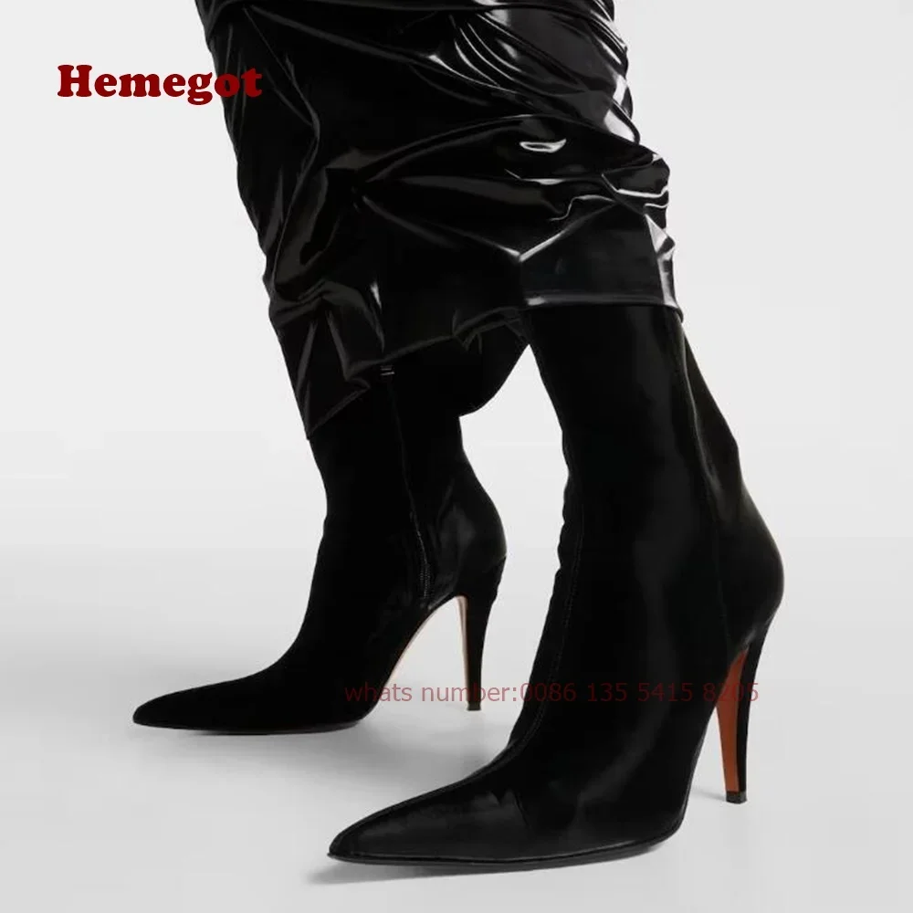 

Black Silk Stiletto Ankle Boots Pointy Side Zipper Pleated Thin High Heels Women's Booty Winter Elegant Runway Shoes Luxury Sexy