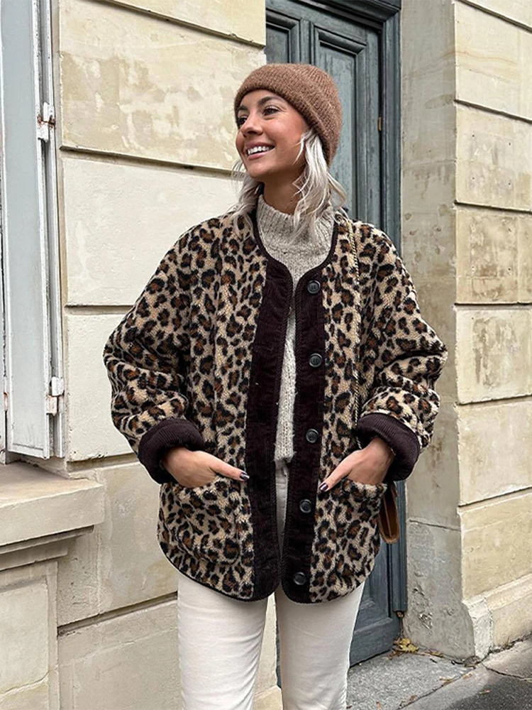 Retro Leopard พิมพ์แกะเสื้อขนสัตว์ผู้หญิงลําลองหลวม O-คอเดี่ยว Breasted Coats Lady ฤดูใบไม้ร่วงฤดูหนาว Chic High Street Tops