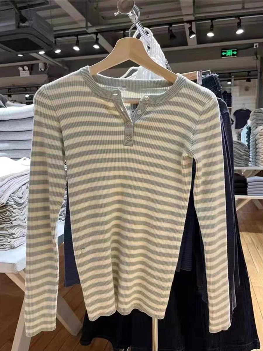 

Vintage Striped Knitted T-shirt Women Buttons Patchwork Round Neck Long Sleeve Cotton T Shirt Casual Sweet Cute Y2k Slim Tops