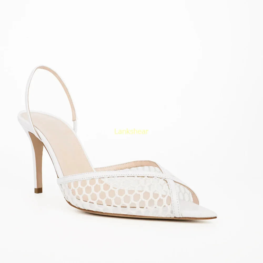 

Peep Toe Net Slingback Ankle Warp Sandals Sexy Hollow Out Pointed Toe Thin Heel New Arrivals Fashion Women Modern Shoes