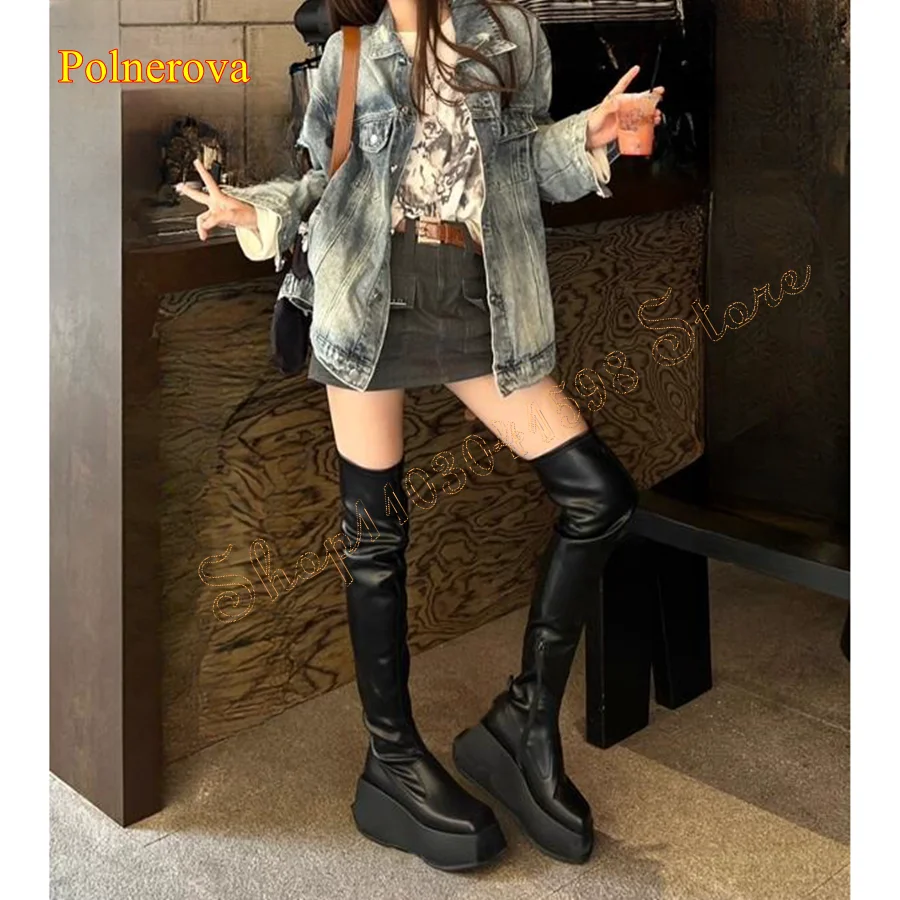 Thick Soled Flat Toe Over The Knee  Boots,Wedge Zippered Skinny Leather Boots for Women Plus Size 2023 New Zapatos Para Mujere