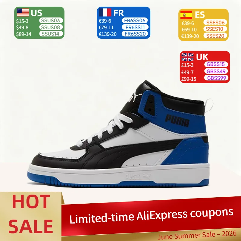 

Puma Rebound Joy: Minimalist, Two-Tone, Comfortable, Premium Mid-Top Sneakers (Unisex) in White, Black, and Blue 374765-10