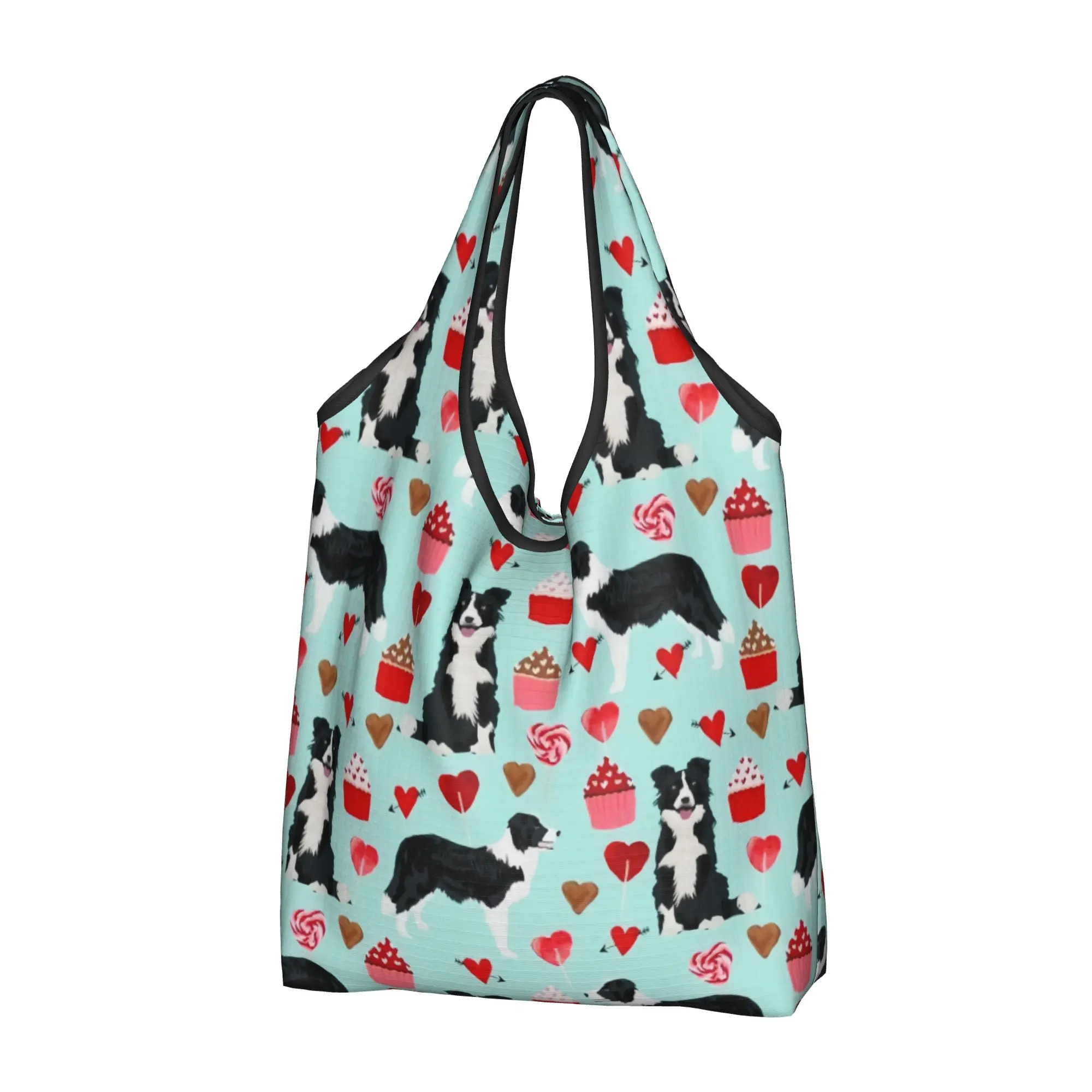 Kawaii Border Collie Valentines Love  Shopping Tote Bag Portable  Groceries Shoulder Shopper Bag