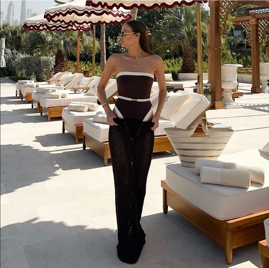 

New Summer 2026 Women's Patchwork One-piece Suit Swimwear Sexy Strapless Bandeau Swimsuit High Waist Slim Bodysuit Beachwear
