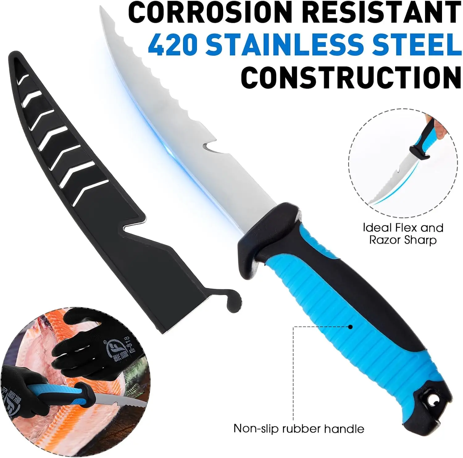 10 Pcs Multi Function Fishing Tool Set Include Fishing Pliers With Lanyard & Protective Sheath Landing Net Fillet Knife Fish Scale Fish Gripper Hook Remover Braid Scissors Fishing Gloves Ideal Gift For Anglers Father - view 6