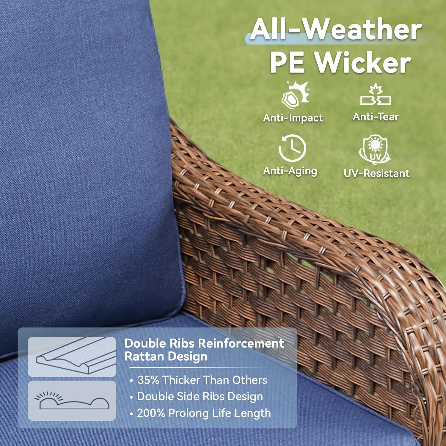 3 PCS Patio Furniture Set 2 Wicker Sofas Coffee Table 4-Inch Olefin Cushions Curved Armrests 300 lbs Rattan Conversation Set Por