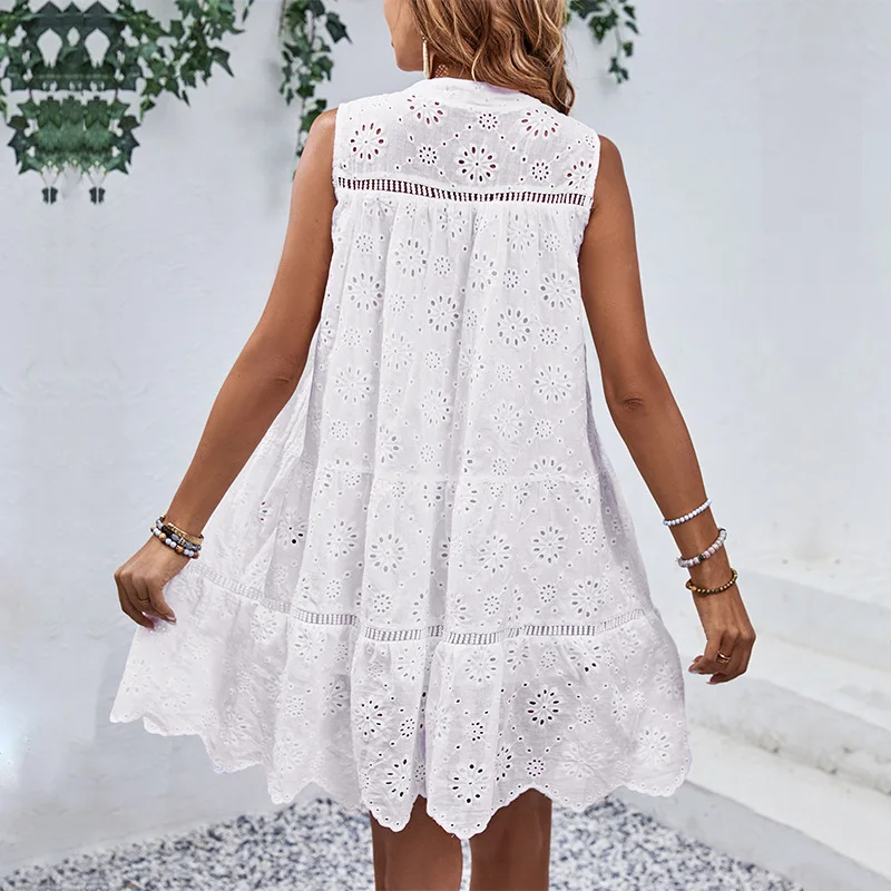 Mini abito bianco estivo da donna casual Boho per abiti da spiaggia senza maniche vestito estivo elegante sexy scava fuori abiti corti da donna