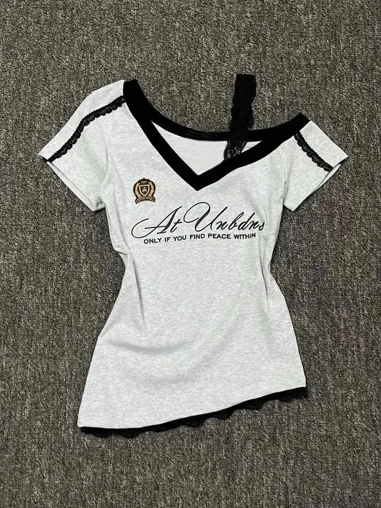 Millennium style Gothic Hot Girl Waist Splicing Lace Strap Short Sleeve T-shirt for Women 2025 New Summer navy blue slim fit top view 5