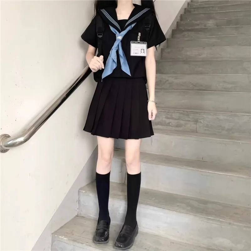 Uniforme japonês JK para menina, top e saia de manga curta longa, conjunto de emagrecimento apertado na cintura, terno de marinheiro estilo preppy, cor preta e azul combinando