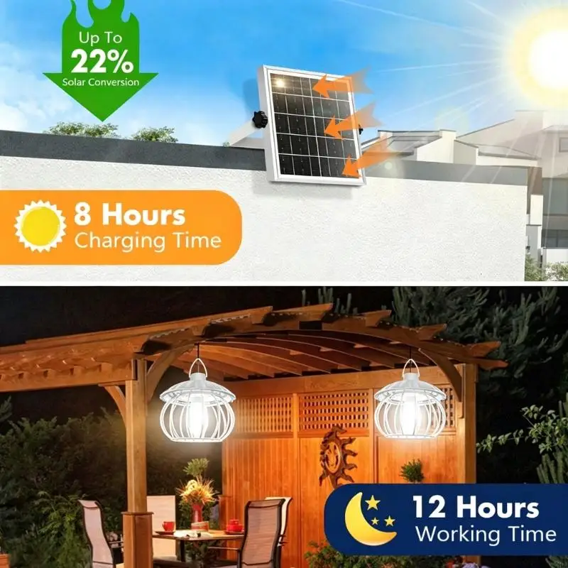 Patio Solar Pendant Lamp with Remote Control, External Panel and Cool White LED for Porch Yard Seating Spaces Decor