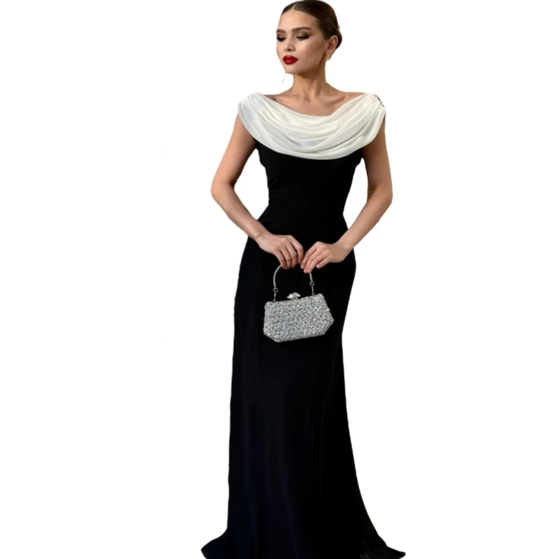 Elegant Black And White Mermaid Prom Dress Pleat Scoop Neckline Open Back Crystal Beaded Vintage Dresses Evening Wear Customized