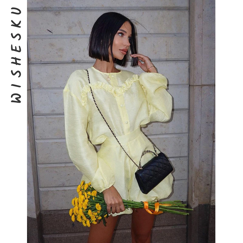 

Two Piece Set Women Shorts Outfits Sexy See Through Long Sleeve Top+High Waist Lantern Shorts 2025 Summer Fall Y2K Clothes