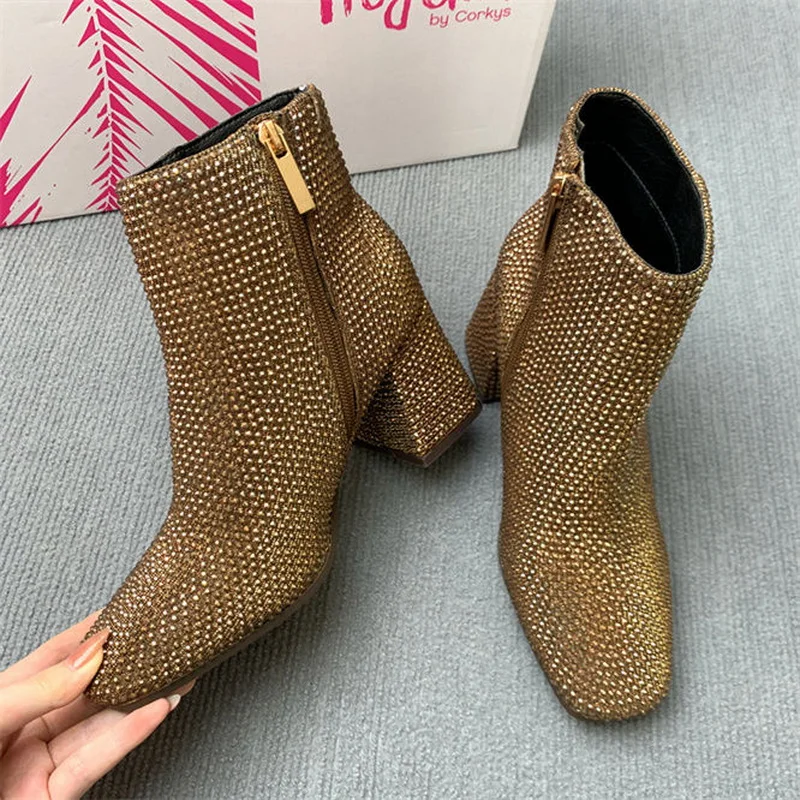 FHANCHU Sequince Cloth Winter Shoes.Anke Boots,Women High Heels Chelsea Booties,Side Zipper,Square Toe Botas,Brown,Dropship