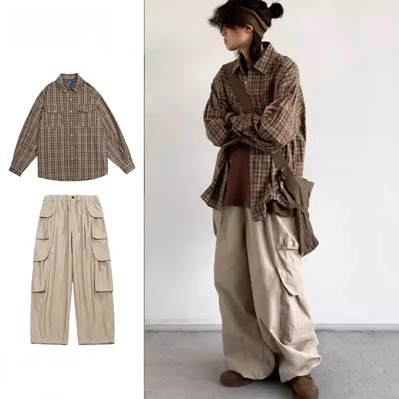 

Neutral Plaid Long Sve irt Men's Autumn Spring Japanese Retro Sle Loose College Sle Two Pieces Set for ex