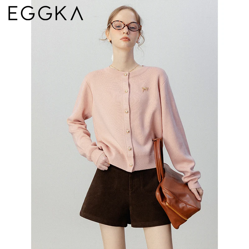 EGGKA Autumn Bow Sweater Cardigan Female Temperament Slim Knit Sweaters Korean Style Single Breasted Pink Cardigan Gray 2024 New