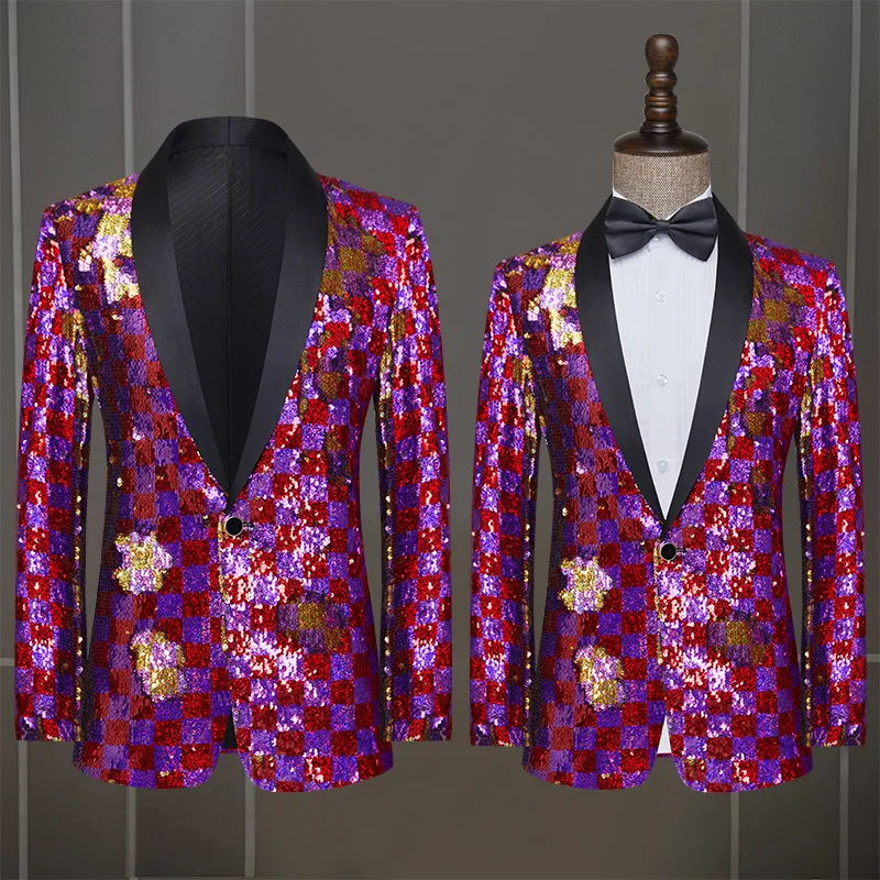 

2026 мужской клетчатый тонкий пиджак с блестками, пиджак для выступлений на сцене ведущего певца
