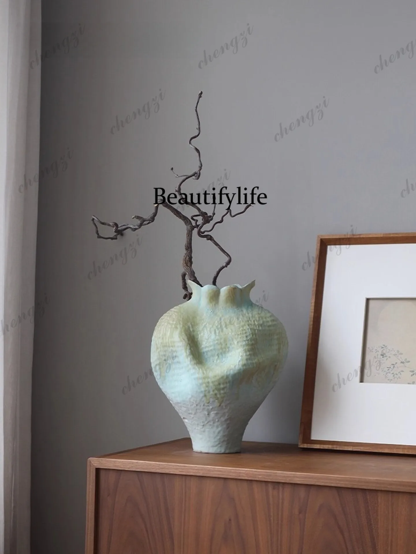 Wabi Sansan wind ceramic vase ornament Jingdezhen porcelain light luxury high-end living room floor dried flowers