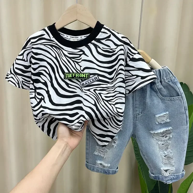 

Baby Boys Clothing Children Summer zebra Clothes Cotton T Shirt+Denim Shorts 2pc/Sets Teen Kids Sports Loung Wear Outfit