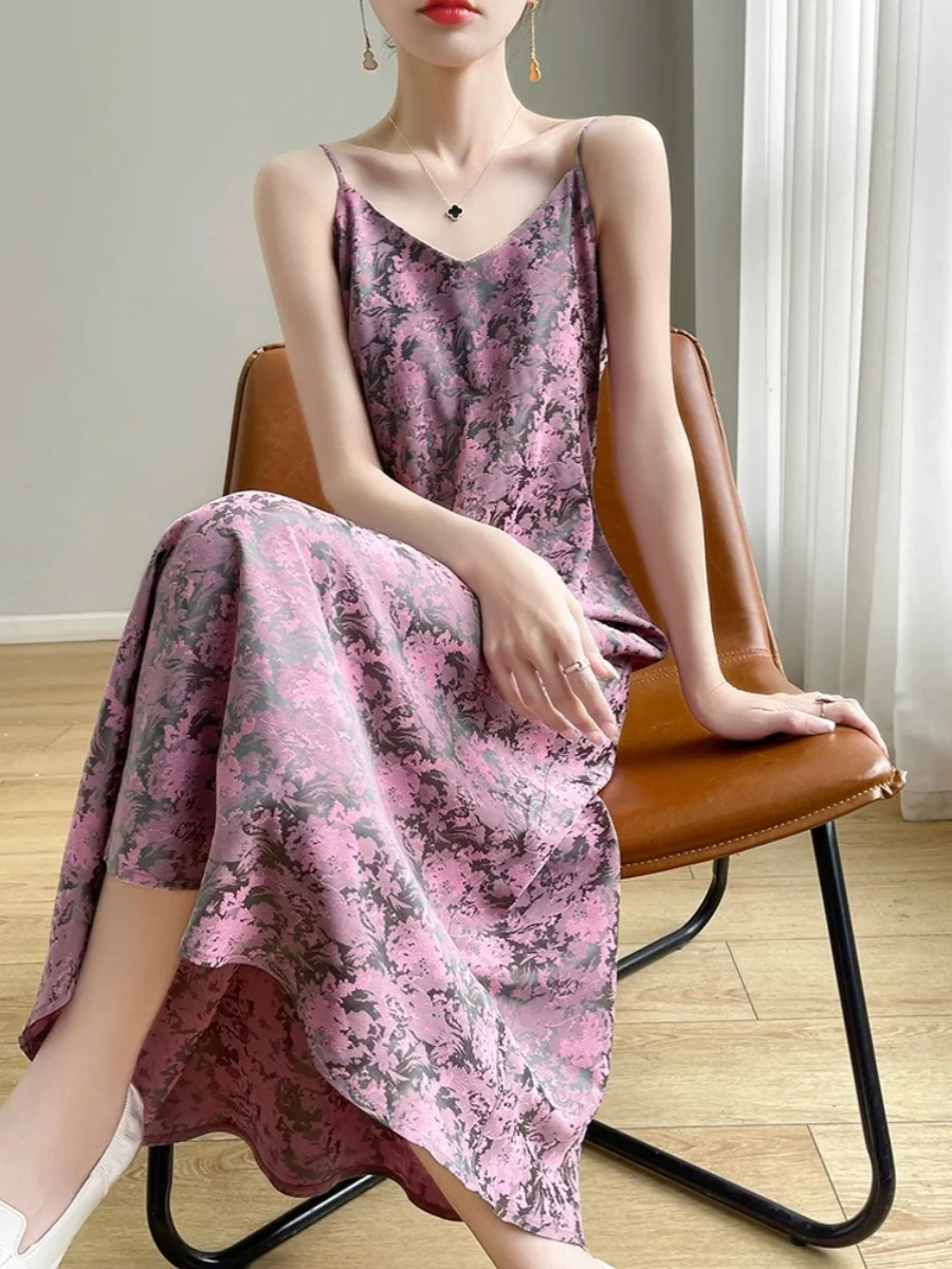 Jupe longue en Satin de soie imprimé V-Ne Strapl Dr, pour les déplacements d'été, sans manches, pour la plage, Vaion, voyage, acétate faionable