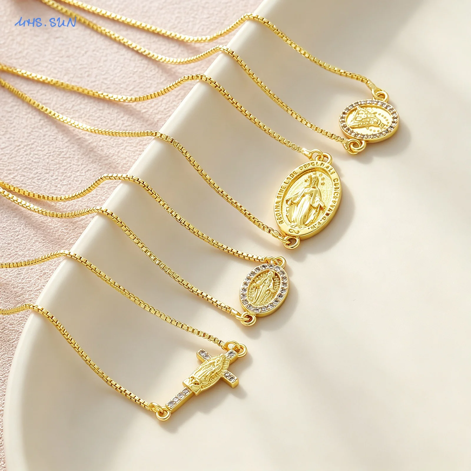 MHS.SUN Oval Virgin Mary Charms Chain Bracelets For Women Girls With Zircon Gold Plated Cross Bracelet Party Jewelry Gift