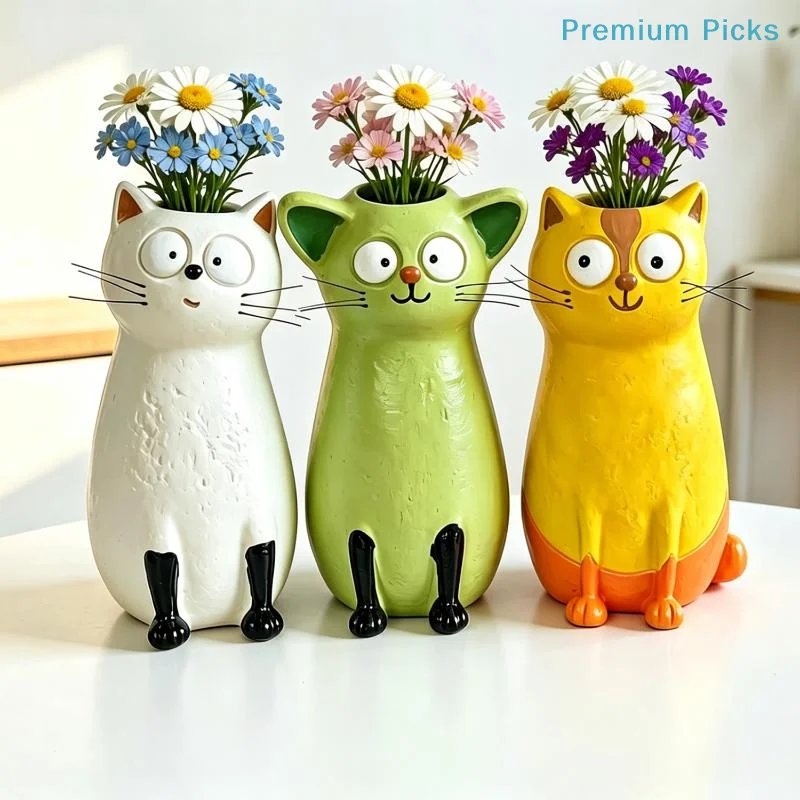 portableResin Kitten Vase Cute Quirky Cat Shaped Flower Holder Desktop Decorative Ornament for Home Office Gift