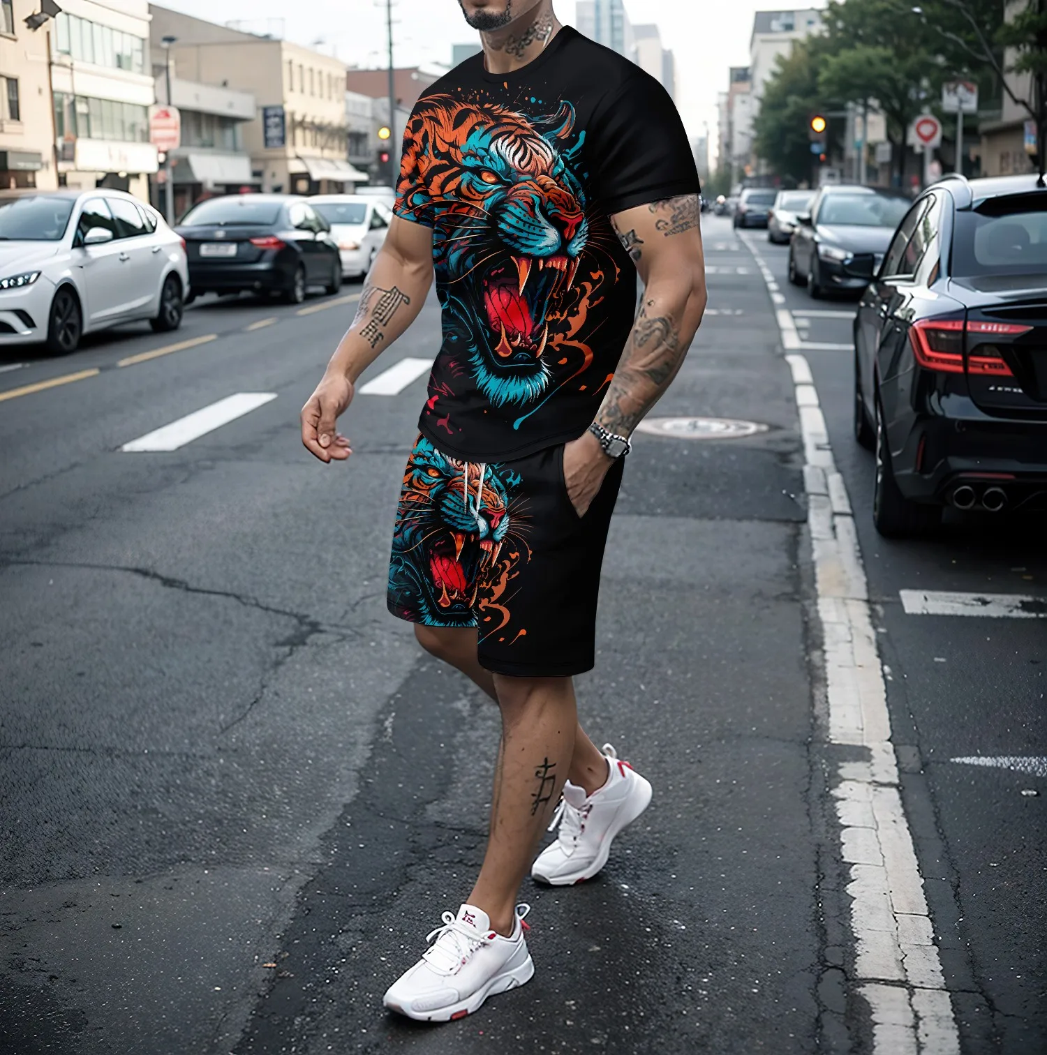 Summer new 3D tiger lion print men\'s round neck short sleeved T-shirt shorts set 2-piece high-quality casual street sports set