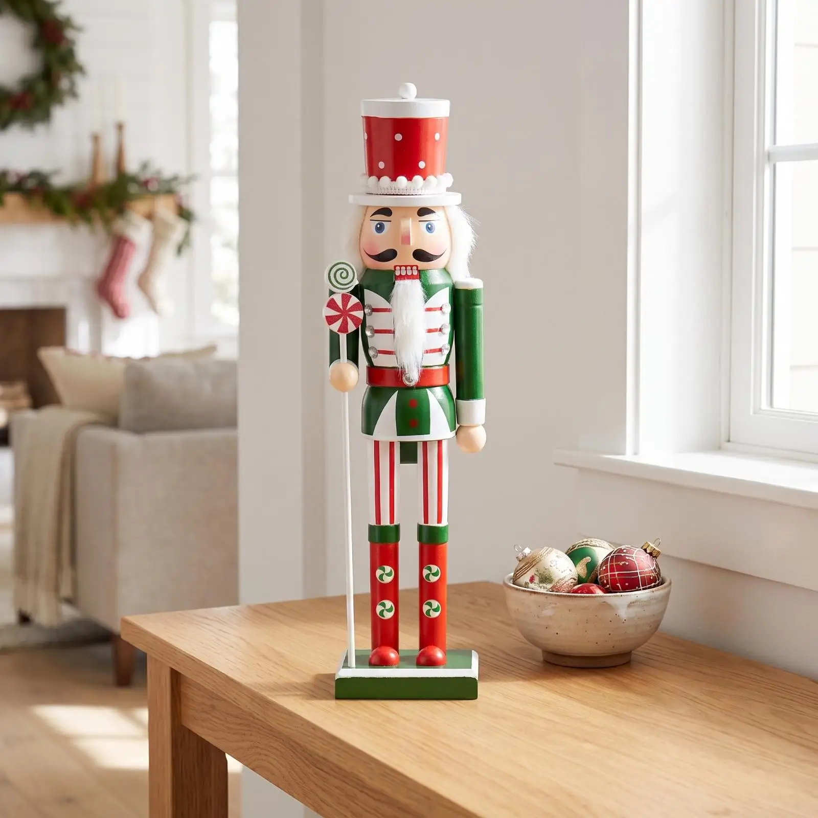 Classic Christmas Nutcracker Wooden Figurine Decorative Sculpture for Entryway Display Vintage Ornaments with White Beard and