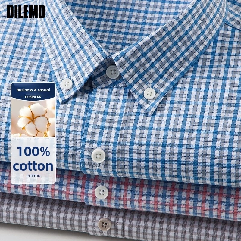 

Premium 100% Cotton Anti-wrinkle Fashion Brand Slim Fit Checkered Men Shirts 2025 Designer Long Sleeve Button Down Casual Tops
