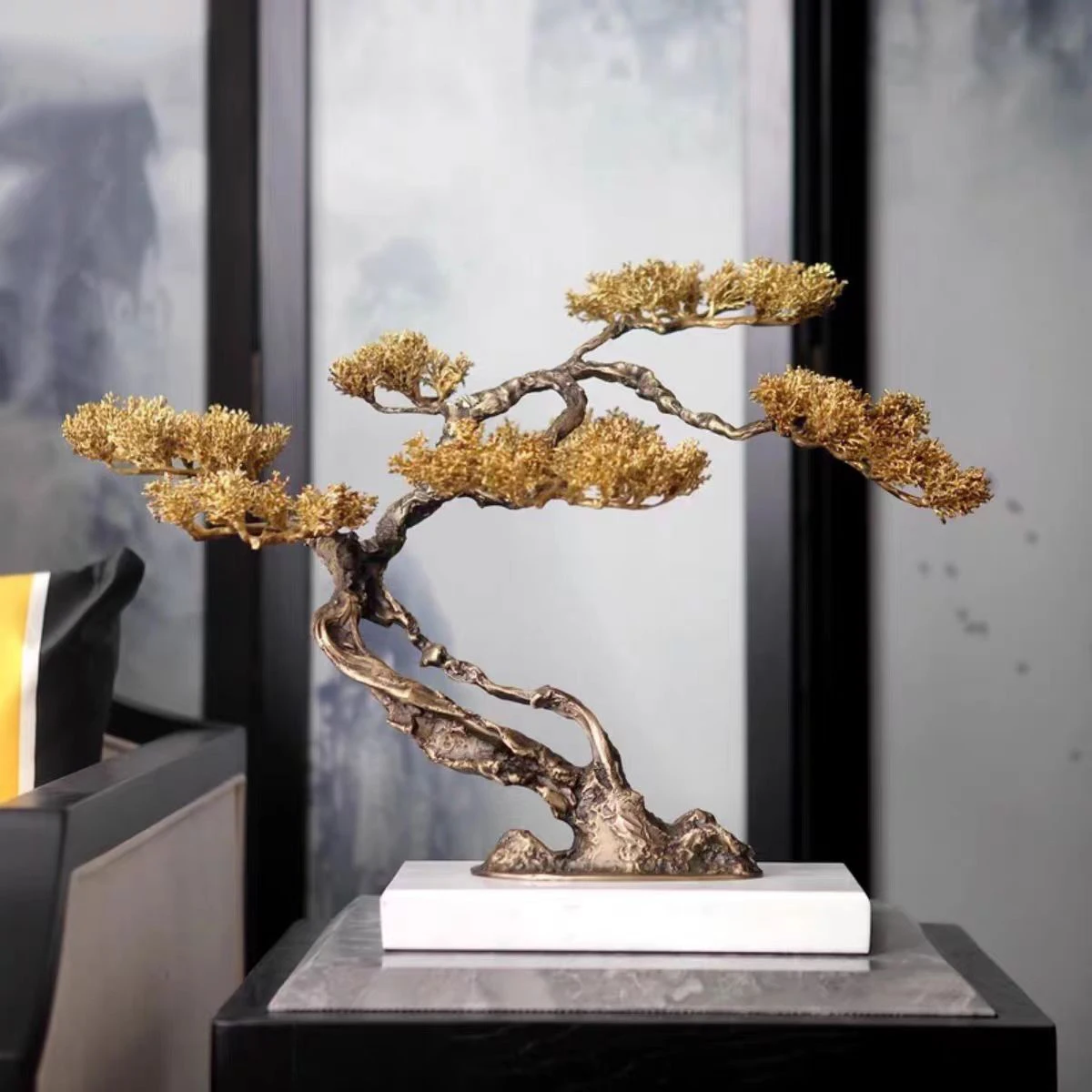 Home Decoration Simulation Welcoming Pine Bonsai Marble Copper Tree Decorations Desk Accessories Things For The Home