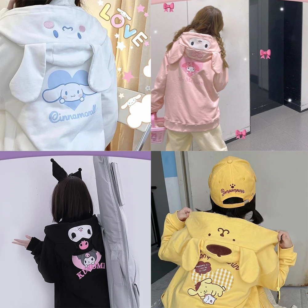 Anime Cinnamoroll Girl Hoodie Jacket Autumn Winter Sanrioed Kuromi Pompom Purin Melody Y2K Cartoon Lolita Coat Girl Hooded Coat