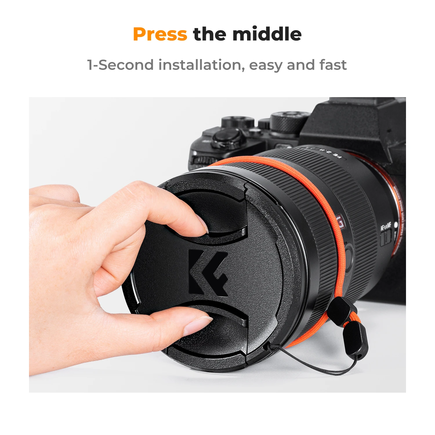 K&F CONCEPT Snap-On Center Pinch Lens Cap 4 in 1 with Anti-Loss Keeper Leash for Nikon Canon Sony Fujifilm Camera Lenses