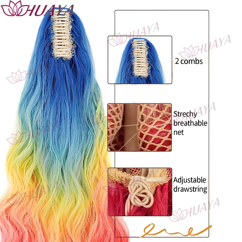 26 Inch Synthetic Long Wavy Rainbow Gradient Ponytail Wig, Claw Clip Hairpiece, Blue Yellow Red Ombre Ponytail for Women, Easy t
