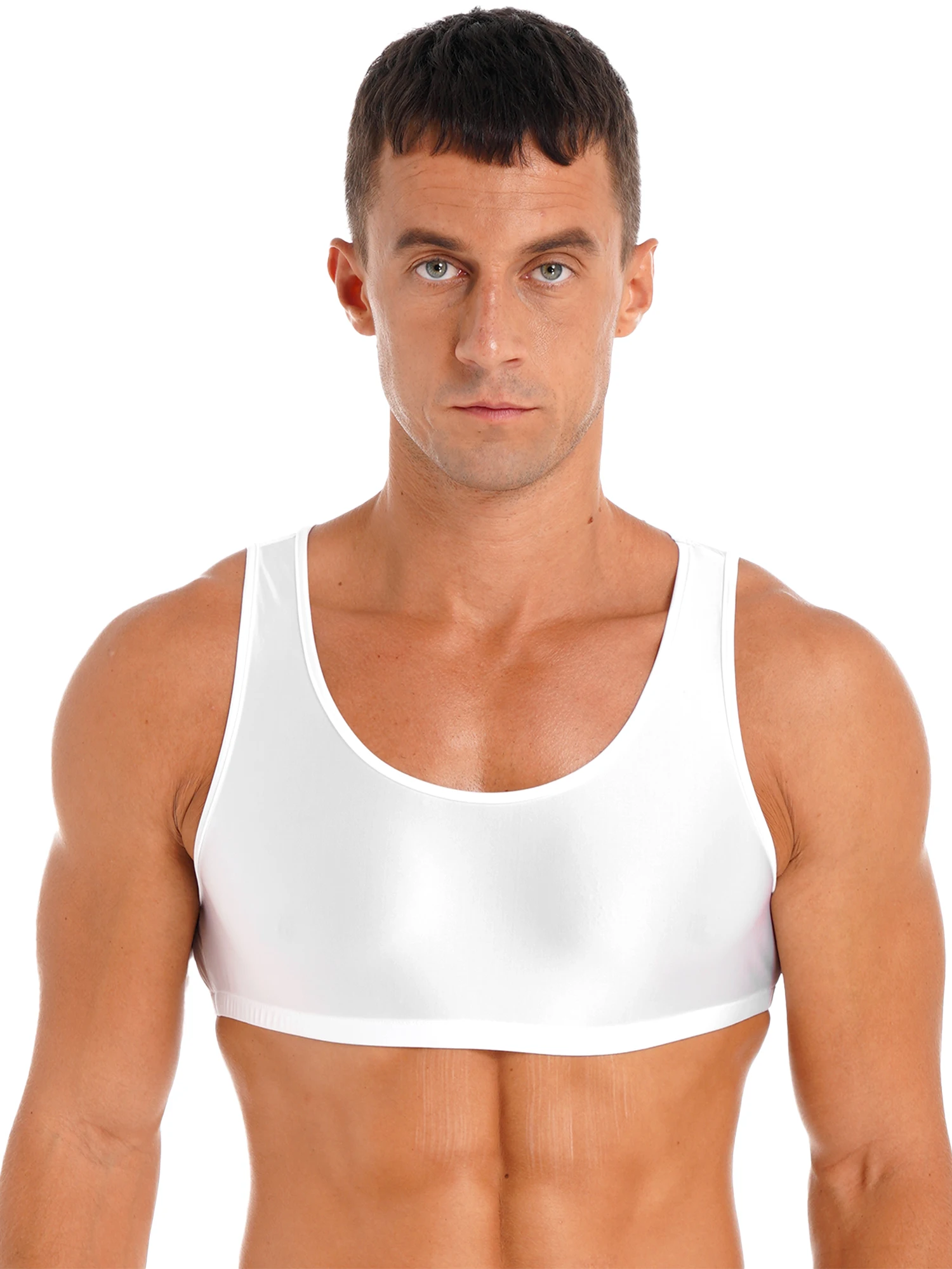 Men Sleeveless Muscle Half T-Shirts Basic Bras Crop Tops Fitness Gym Sports Vest Tops Glossy Solid Color Tanks Tops Beachwear