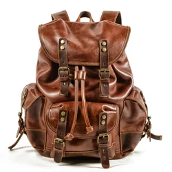 HY Men Large Casual Travel Backpack Genuine Leather String Solid Bags