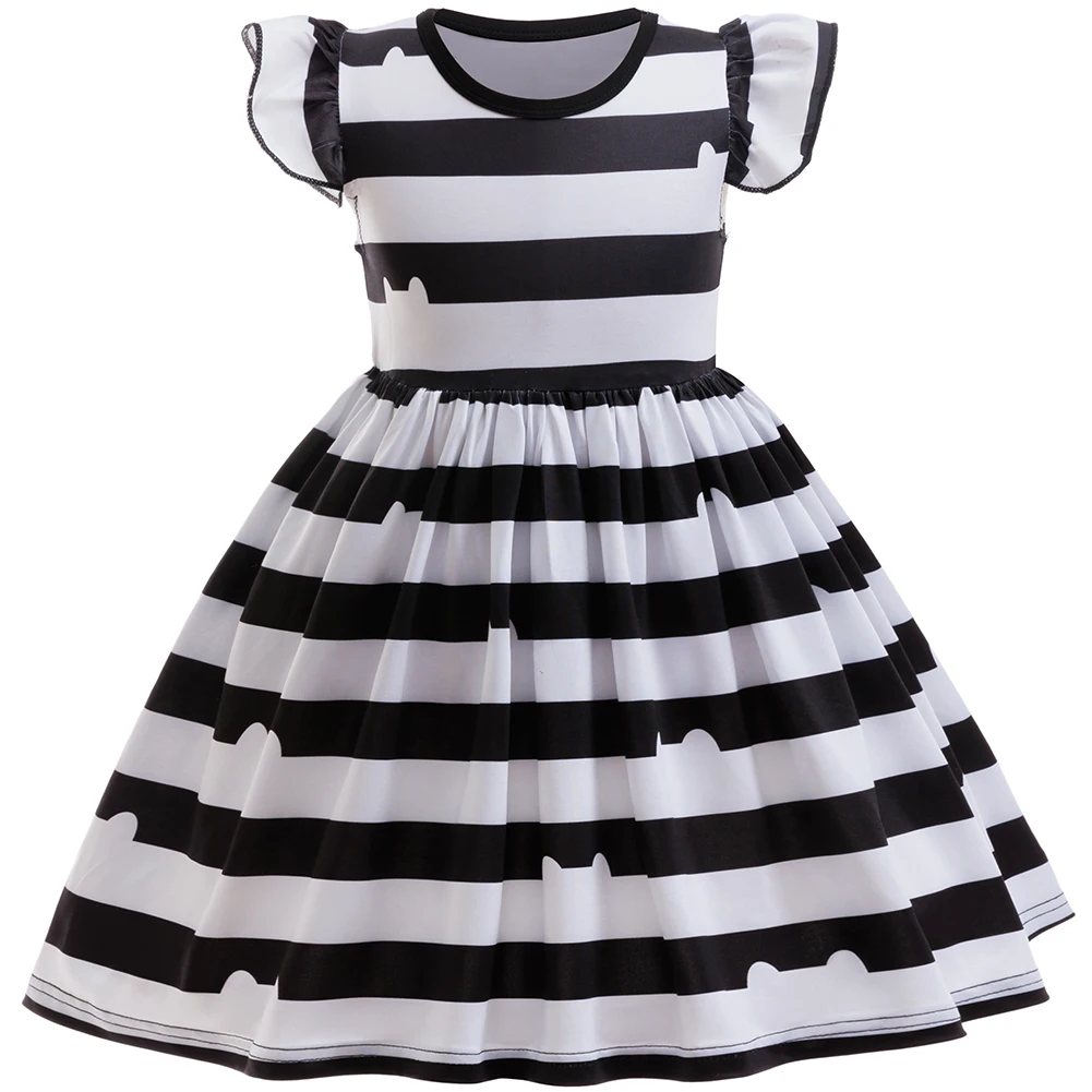 

Girl Dresses Flying Sleeves Black White Striped Cat Print Dresses For Children Halloween Birthday Party Gabby Dress Up Outfit