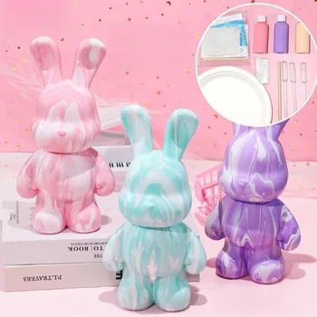 Creative Liquid Vinyl Rabbit Figure DIY Liquid Pigment Painting Rabbit Statue Manual Baby Figurine Room Decoration Kids Toy Gifts