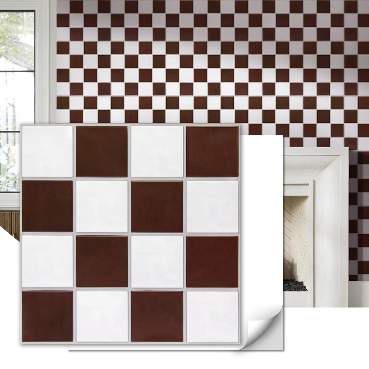 10PCS Burgundy & White Grid 3D Wall Panels, Self-Adhesive Peel and Stick Wall Tiles, Waterproof Decorative Wall Stickers, Textured Wall Covering for Kitchen Backsplash, Living Room, Bedroom, TV Wall, Hallway
